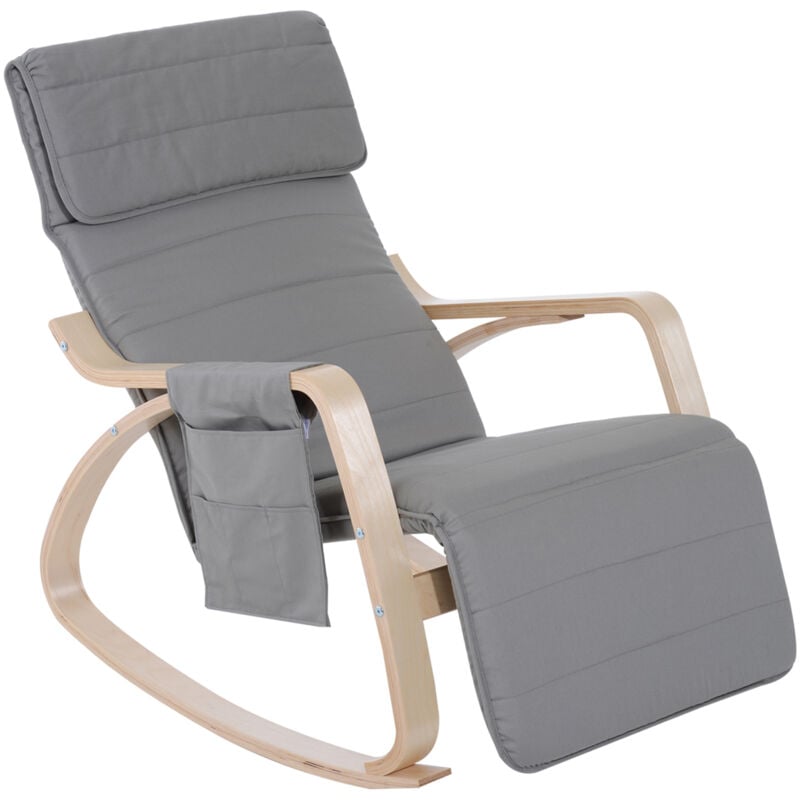 Homcom - Fauteuil à bascule - fauteuil relax repose-pied réglable, poche rangement, tétière - bois tissu gris