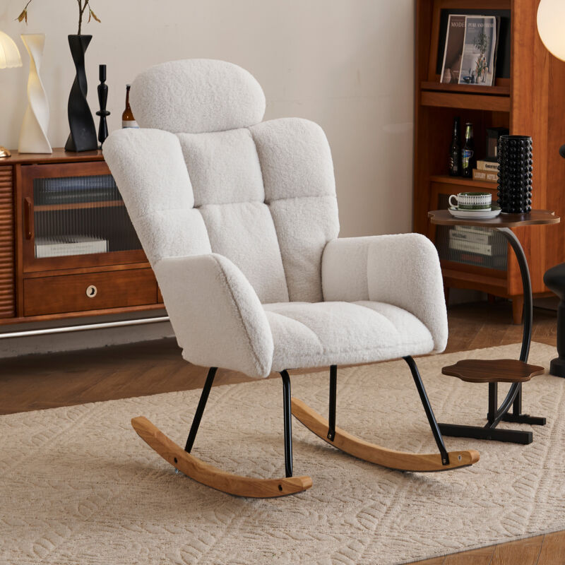Fauteuil à bascule - Fauteuil rembourré avec tissu teddy avec appui-tête - 102x70x107cm - blanc