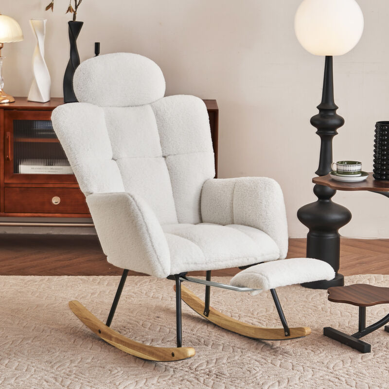 Fauteuil à bascule - Fauteuil rembourré avec tissu teddy avec appui-tête et repose-pieds extensible - 125x70x107cm - blanc