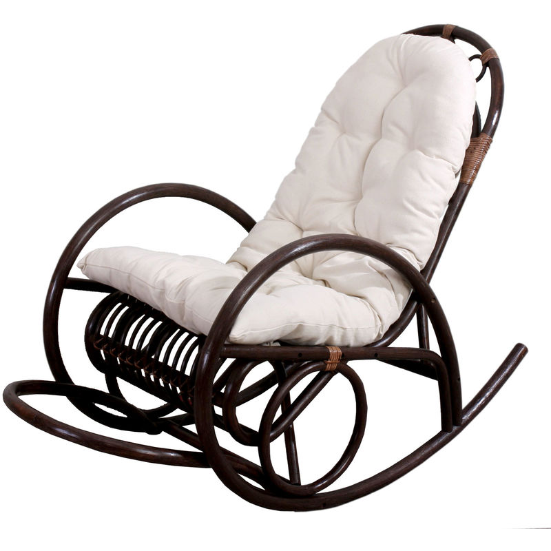 Rocking-chair fauteuil à bascule HHG 648, bois marron coussin blanc - white