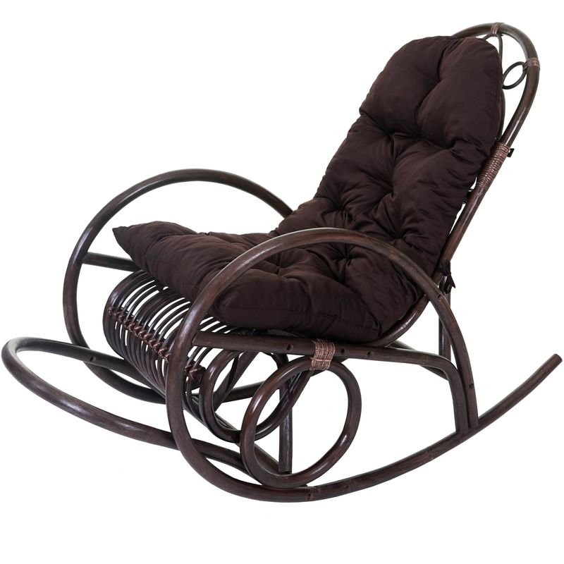 fauteuil a bascule hhg-648, rocking-chair, fauteuil en rotin, marron ~ coussin