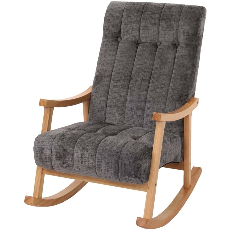Fauteuil à bascule HHG 857, relax, bois mvg tissu/textile chenille (465g/m²), gris foncé, piètement naturel
