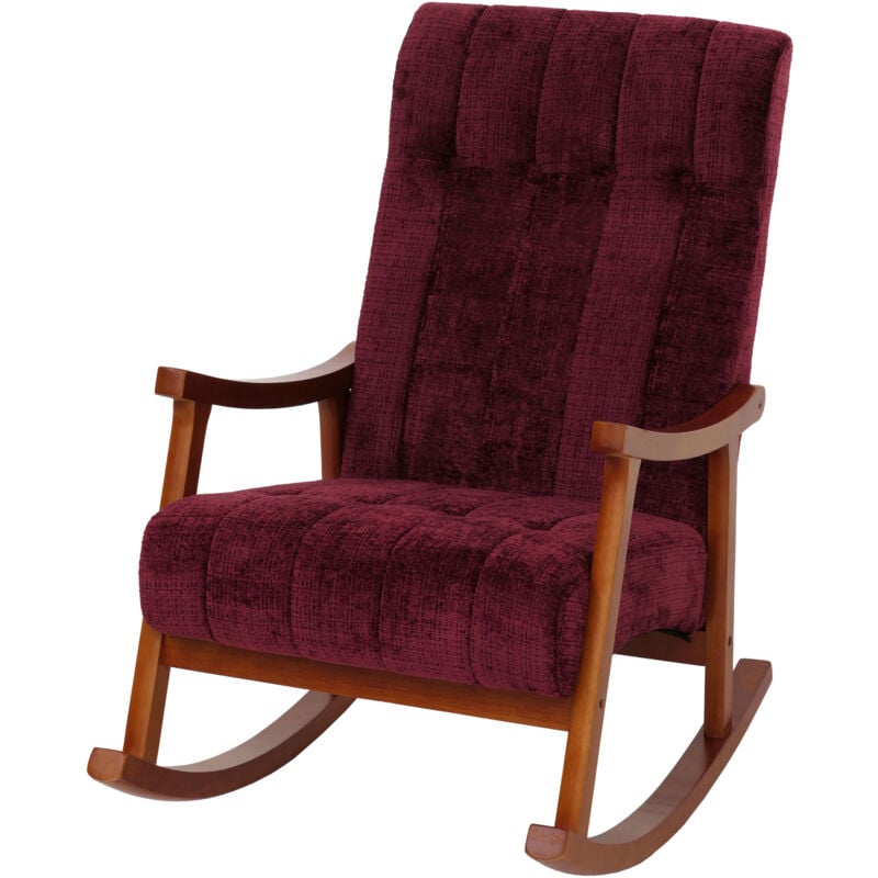 Fauteuil à bascule HWC-K10, relax, bois MVG tissu/textile chenille (465g/m²) bordeaux, piètement imitation noyer