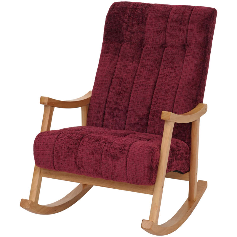 Fauteuil à bascule HW C-K10, relax, bois mvg tissu/textile chenille (465g/m²) bordeaux, piètement naturel