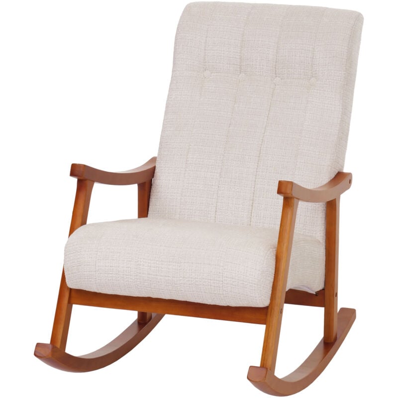 Fauteuil à bascule HW C-K10, relax, bois mvg tissu/textile chenille (465g/m²) crème, piètement imitation noyer