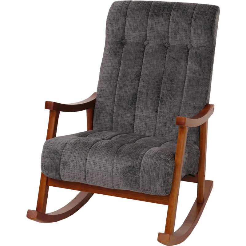 Fauteuil à bascule HW C-K10, relax, bois mvg tissu/textile chenille (465g/m²) gris foncé, piétement imitation noyer