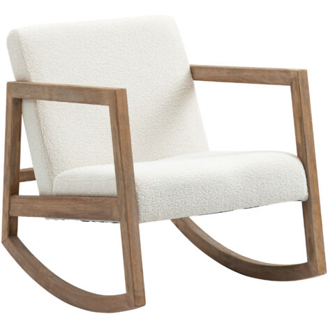 Fauteuil à bascule inclinable structure bois hévéa, rembourré style lounge, fauteuil relax salon blanc crème