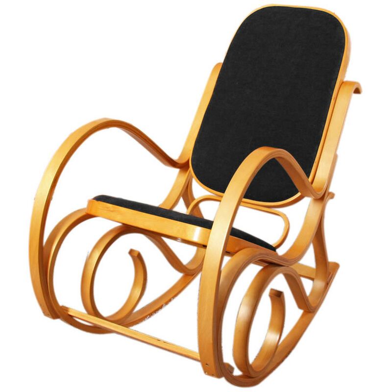 hhg - rocking-chair, fauteuil à bascule m41 imitation bois de chêne, assise en similicuir noir - black