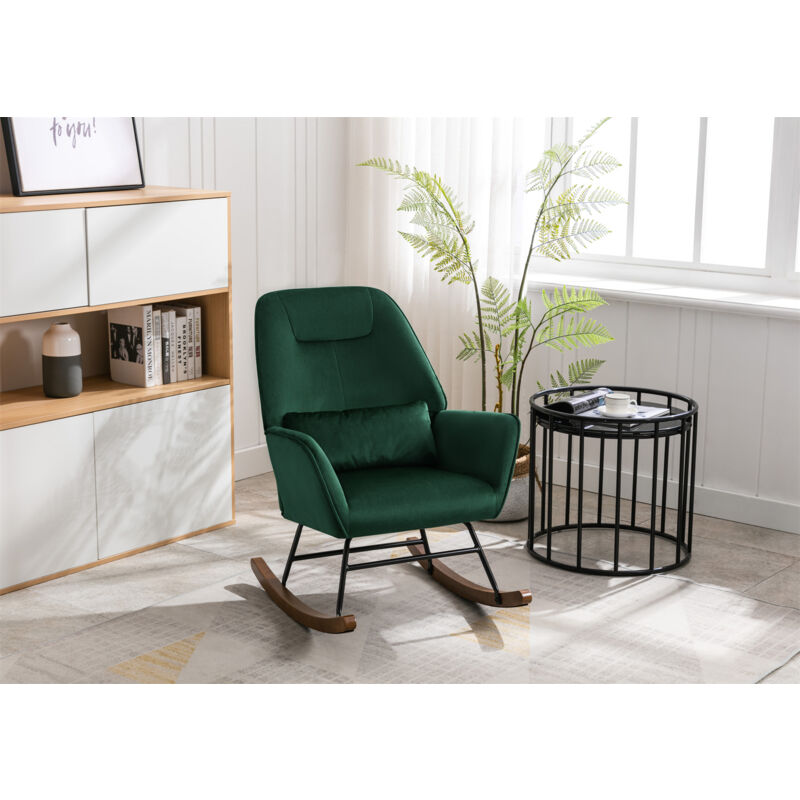 Fauteuil à Bascule Médiéval Velours avec Coussin Lombaire, Chaise Berçante Confortable, Chaise avec Pieds en Bois Massif Vert Foncé