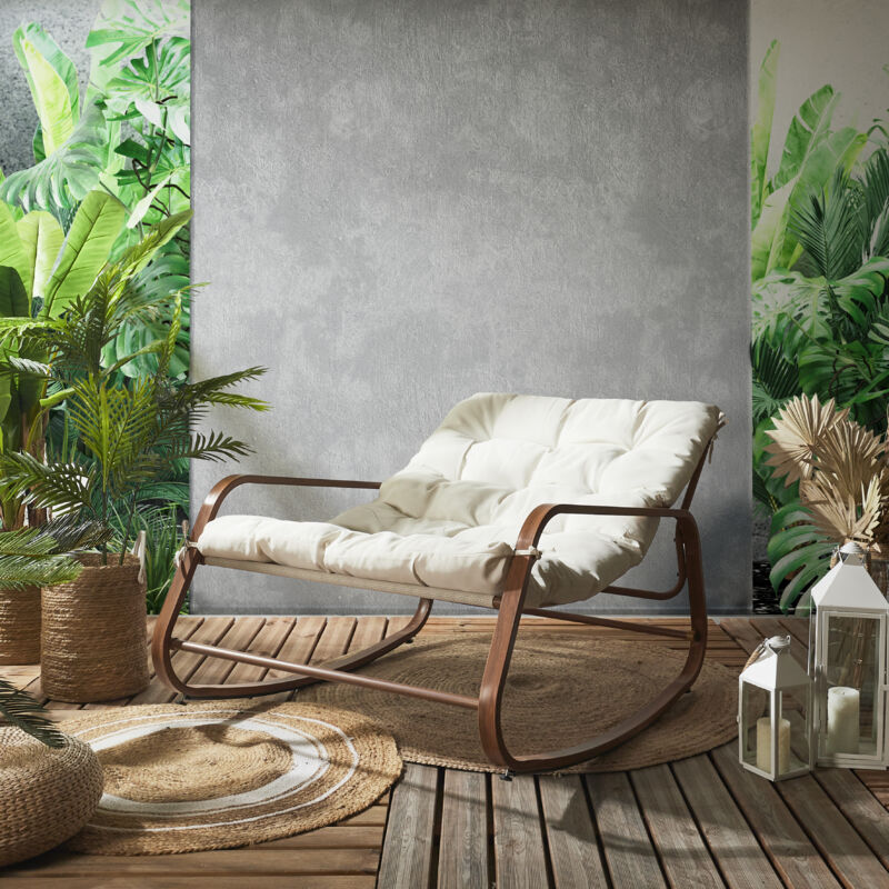 Fauteuil à bascule Miami – Fer et polyester – Hauteur 69 cm, largeur 92 cm, profondeur 130 cm – Coussin rembourré confortable