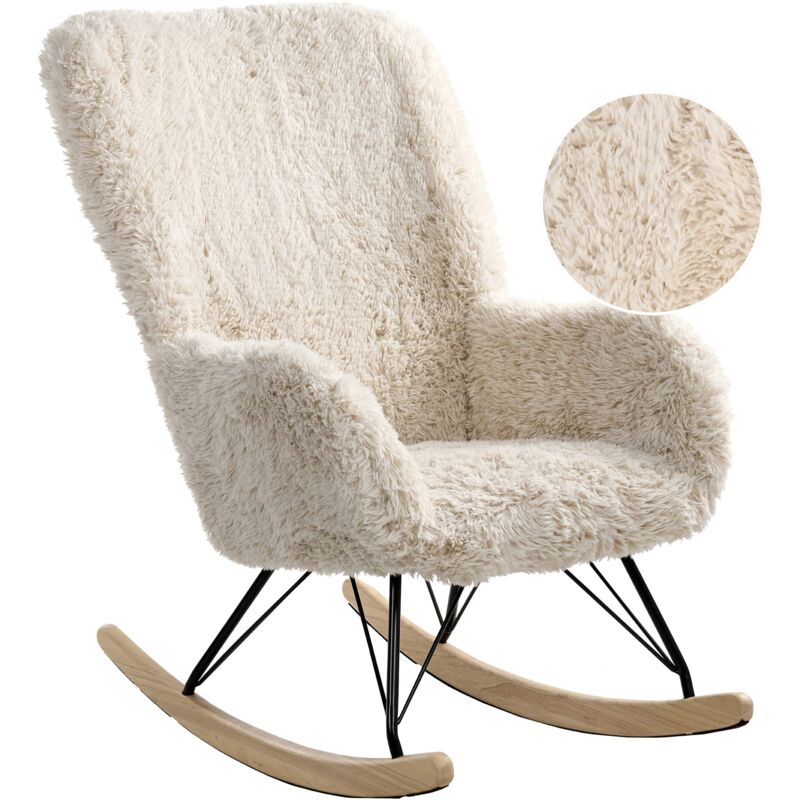 Fauteuil à Bascule Moderne en Tissu Fausse Fourrure Pieds en Bois Meuble Chambre Enfant Beige Clair Akra