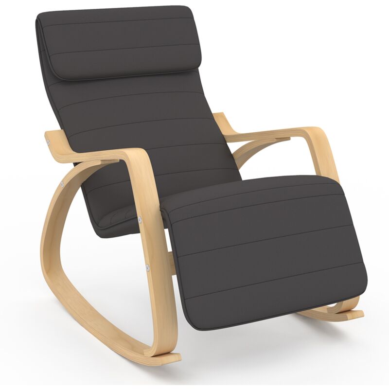 Fauteuil à bascule nils, rocking chair avec repose pied en bois façon hêtre et coussin tissu gris