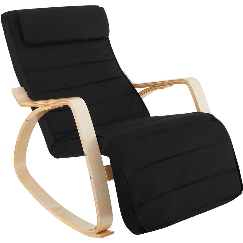 fauteuil à bascule avec des accoudoirs, cadre en bois de bouleau avec un rembourrage confortable et un coussin - noir