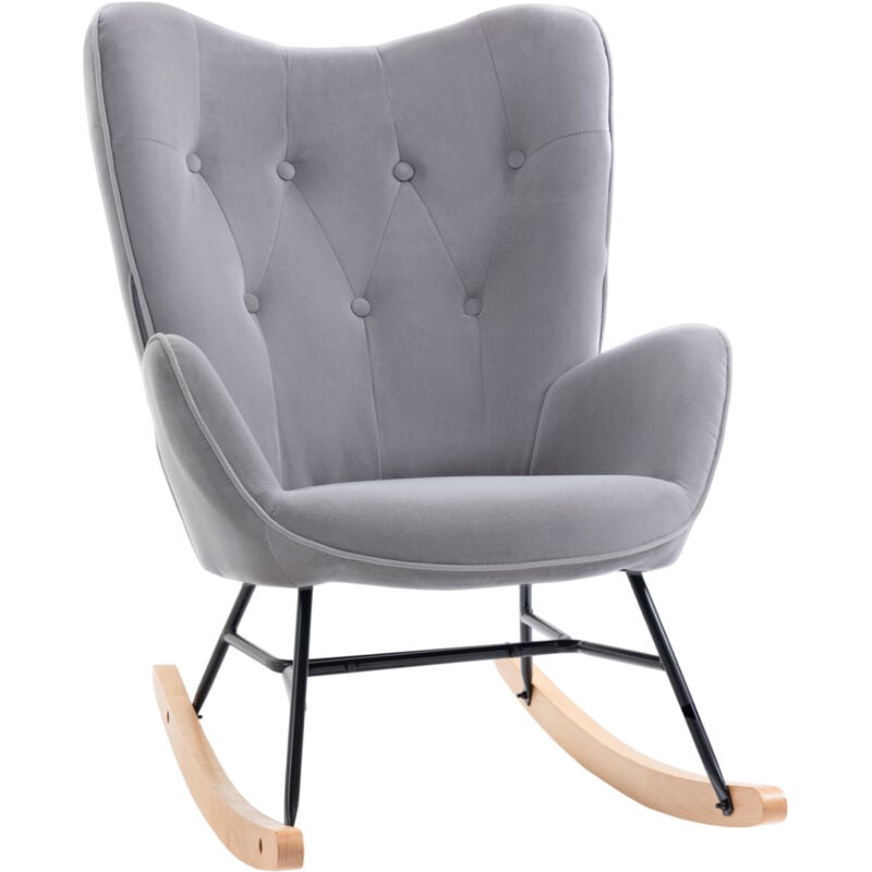 Fauteuil à bascule oreilles rocking chair grand confort accoudoirs assise dossier garnissage mousse haute densité aspect velours gris
