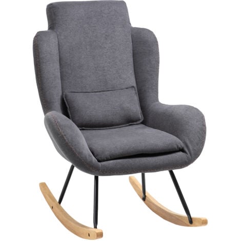 HOMCOM Fauteuil à bascule oreilles rocking chair grand confort accoudoirs assise dossier garnissage mousse haute densité lin gris