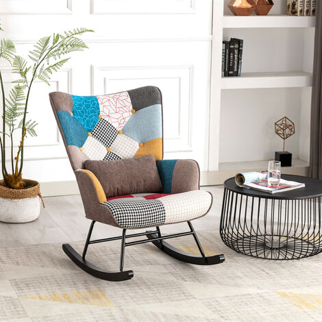 Fauteuil à bascule patchwork berçante pour allaitement bébé – Tissu en lin – Bois d'hévéa – Confort optimal avec oreiller inclus