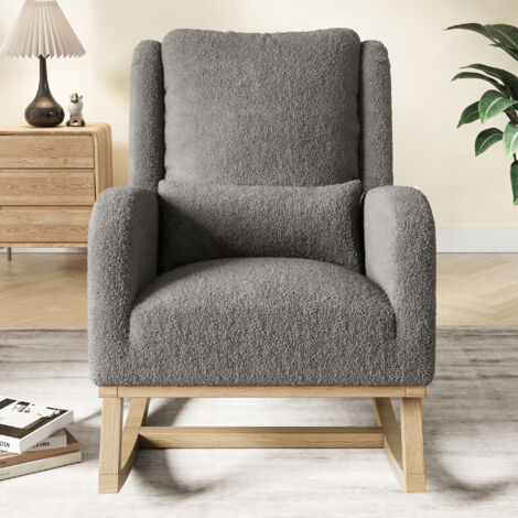 Fauteuil à bascule, poches latérales intégrées, dossier rembourré épais, oreiller inclus, pieds en bois massif, peluche d'agneau, gris