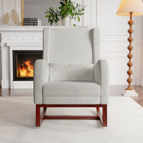 Fauteuil à bascule, poches latérales intégrées, dossier rembourré, repose-pied inclus, oreiller inclus, pieds en bois massif, mélange coton-lin, gris