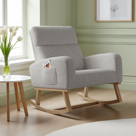 Fauteuil à bascule pour salon - Gris en Velours Teddy - 78x69x87 cm - Coussin moelleux - Moderne et épuré - Dossier haut