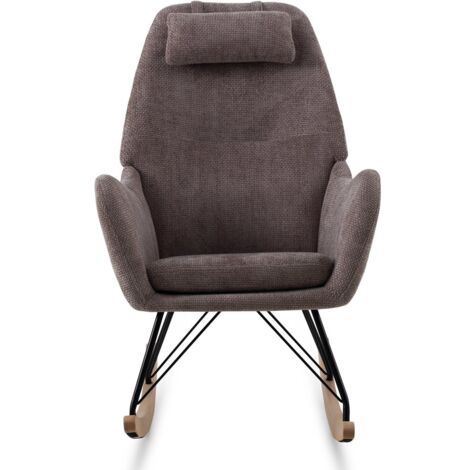 Fauteuil à bascule recouvert de chenille marron, pieds en métal et base en hêtre