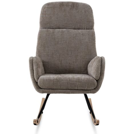Fauteuil à bascule recouvert de chenille marron, pieds en métal et base en hêtre