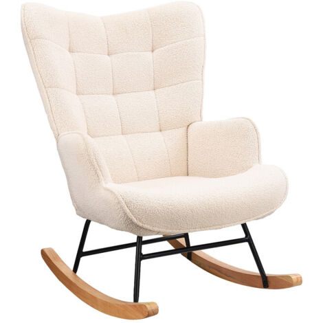 Fauteuil à bascule relaxant – Fauteuil à ailes avec structure métallique et base en bois, revêtement en velours Teddy beige, fauteuil de salon