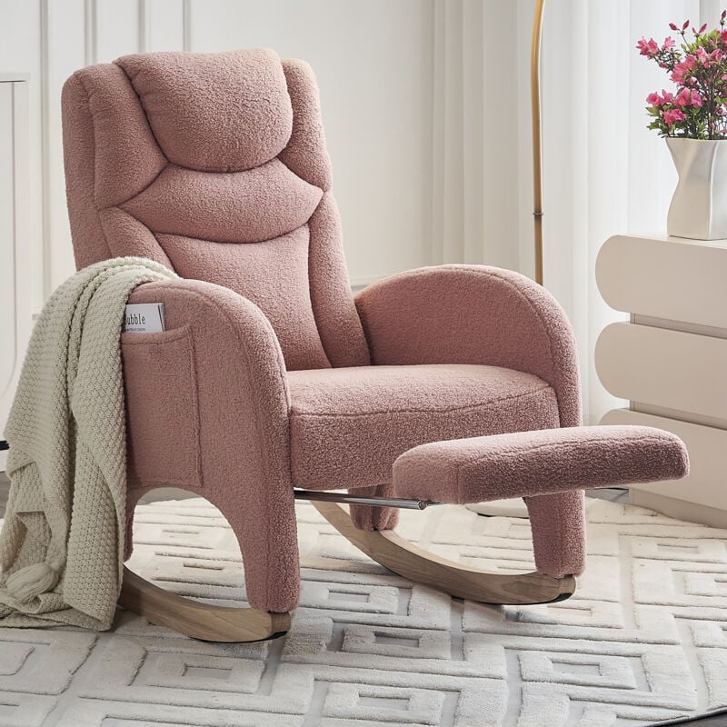 Fauteuil à bascule rembourré - avec accoudoir avec repose-pied - tissu en fausse fourrure - charge de 110 kg - rose