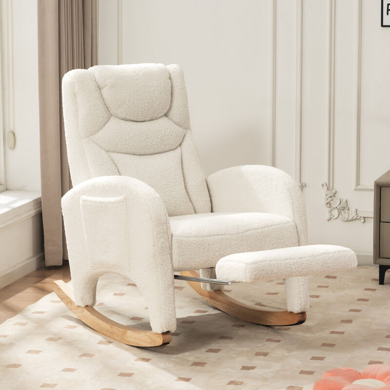 Fauteuil à bascule rembourré - avec accoudoir avec repose-pied - tissu en fausse fourrure - charge de 110 kg - Blanc