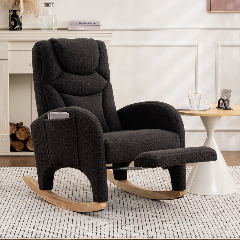 Fauteuil à bascule rembourré - avec accoudoir avec repose-pied - tissu en fausse fourrure - charge de 110 kg - gris foncé