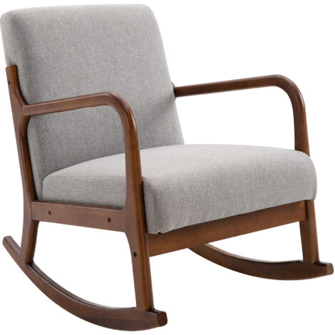 Fauteuil à bascule rembourré, design vintage en bois et polyester gris, pour l'intérieur, bureau, salon, 64 x 86 x 80 cm