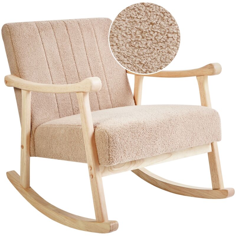 Beliani - Fauteuil à Bascule Rembourré Pieds en Bois d'Hévéa avec Accoudoirs en Tissu Bouclé Beige Leknes