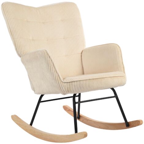 Fauteuil à bascule rétro avec rails coulissants incurvés, coussin d'assise épais, bois de hêtre et acier, capacité de charge maximale 120 kg, beige.