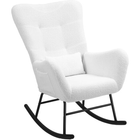 Fauteuil à bascule, revêtement peluche, coussin lombaire antidérapant, jusqu'à 120 kg, blanc