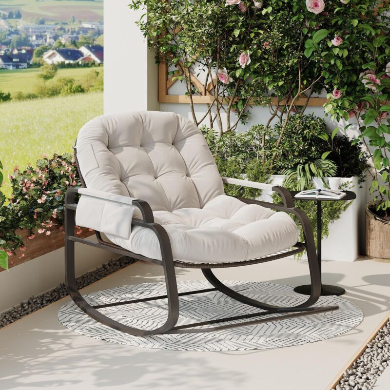 Fauteuil à bascule, Rocking chair acve structure métallique pliante, décoration en rotin, tissu en lin, design moderne, Beige