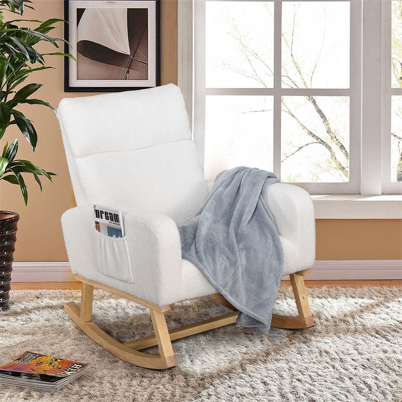 Fauteuil à Bascule, Rocking Chair avec Accoudoirs et Dossier, Pieds en Bois, Style Scandinave, en Sherpa Blanc