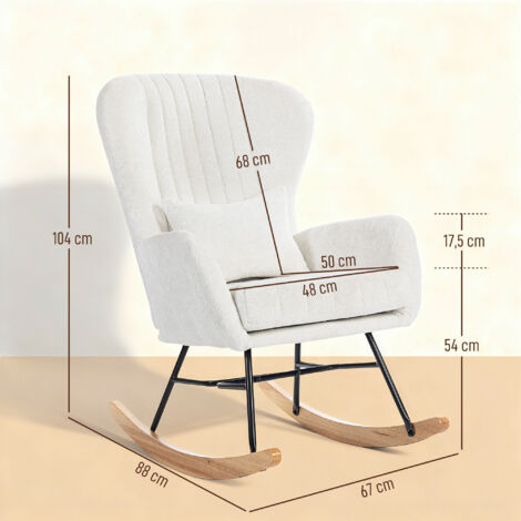 Fauteuil à bascule, rocking chair avec coussin, assise rembourré, dossier haut, 67 x 88 x 104 cm, blanc