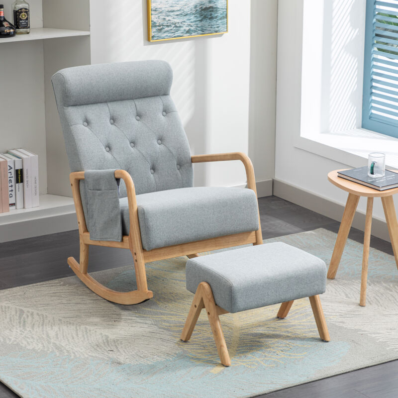 Fauteuil à bascule, rocking chair avec repose-pieds, confortable, 2 en 1, chaise longue, adapté au salon, balcon, chambre, lin, gris