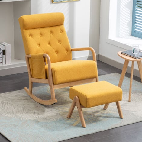 HAUSS SPLOE Fauteuil à bascule, rocking chair avec repose-pieds, confortable, 2 en 1, chaise longue, adapté au salon, balcon, chambre, lin, beige