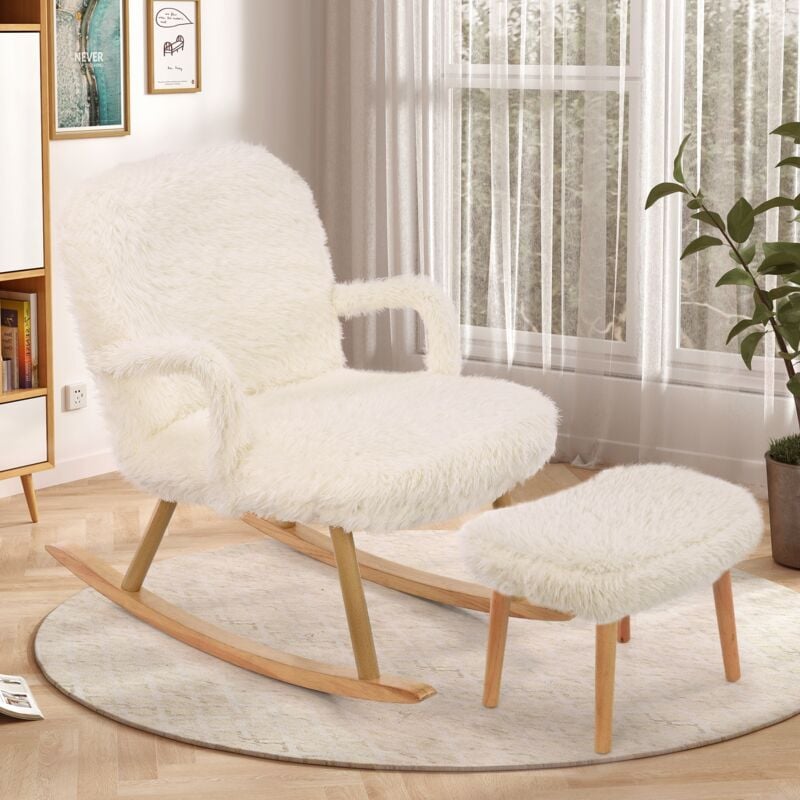 Eifson - Fauteuil à bascule - Rocking chair avec repose-pieds, peluche Teddy, pieds en bois massif, style scandinave, 65x96,5x85 cm - Blanc