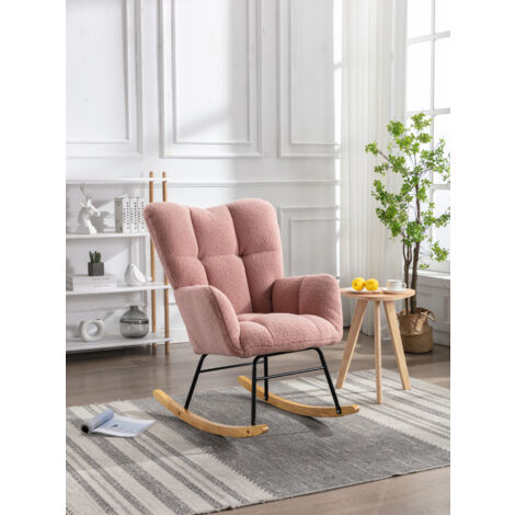 Fauteuil à bascule, rocking chair avec revêtement capitonné et assise rembourrée, pour salon et chambre, en tissu Teddy, rose