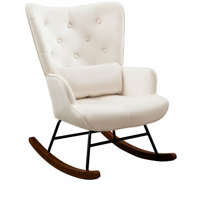 Fauteuil à Bascule Rocking Chair avec Support Lombaire Chaise berçante Allaitement Bébé Tissu en Velours Scandinave Bois, Beige - Beige