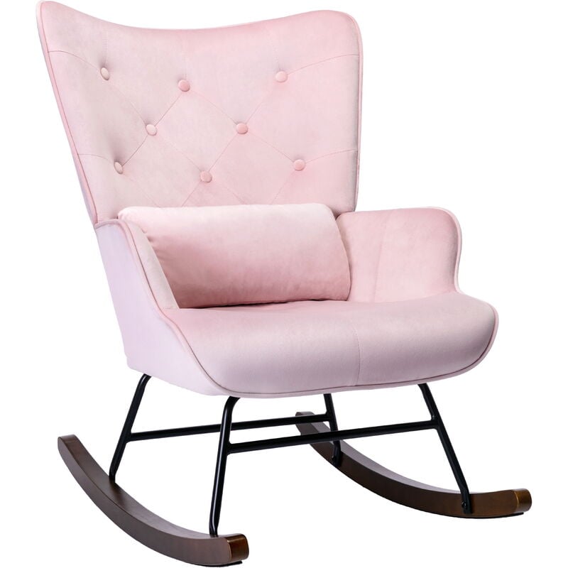 Homemiyn - Fauteuil à Bascule Rocking Chair Chaise berçante Allaitement Bébé Tissu en Velours Style Scandinave Bois d'Hévéa, Rose