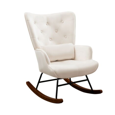 HOMEMIYN Fauteuil à Bascule Rocking Chair avec Support Lombaire Chaise berçante Allaitement Bébé Tissu en Velours Scandinave Bois, Beige