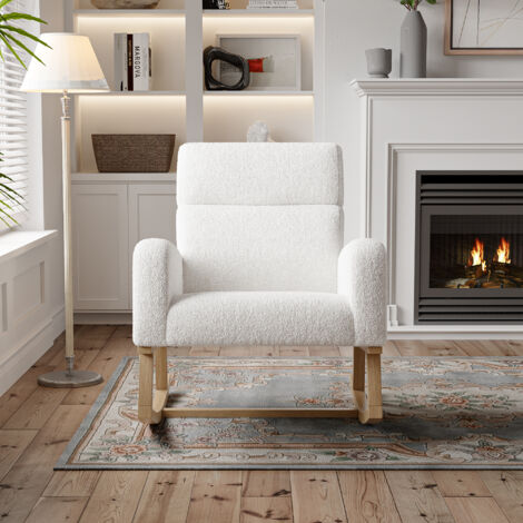 Fauteuil à Bascule, Rocking Chair Bois,Chaise à Bascule avec Accoudoirs et Poches des Deux Côtés, Coussins D'assise et de Dossier Épaissis, Pieds en Bois Massif,Style Moderne, Velours Teddy, Blanc
