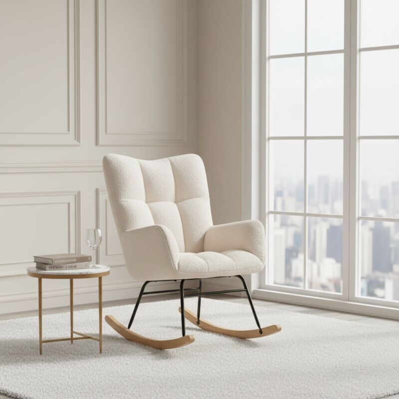 Fauteuil à bascule, rocking chair, chaise à bascule, avec coussins capitonnés - pieds en bois et structure en métal, tissu - Blanc