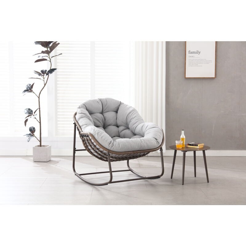 Fauteuil à bascule rocking-chair confortable avec coussin épais pour intérieur et extérieur, gris