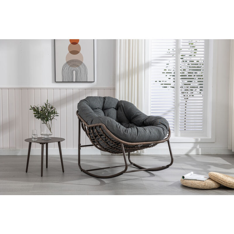 Fauteuil à bascule rocking-chair confortable avec coussin épais pour intérieur et extérieur, noir