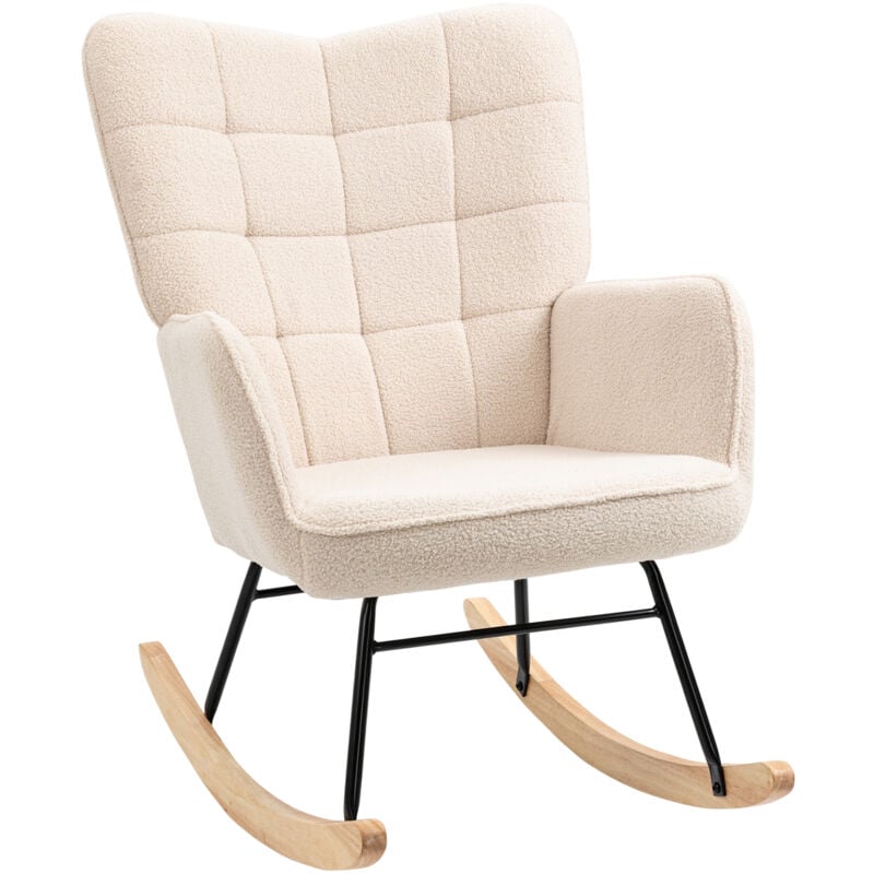 Homcom - Fauteuil à bascule rocking chair design - structure acier piètement bois tissu effet laine bouclé beige