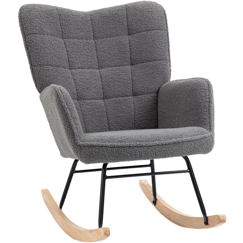 Fauteuil à bascule rocking chair design - structure acier piètement bois tissu effet laine bouclé anthracite