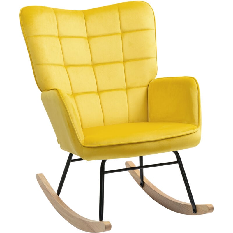 Fauteuil à bascule rocking chair design - structure acier piètement bois effet velours jaune